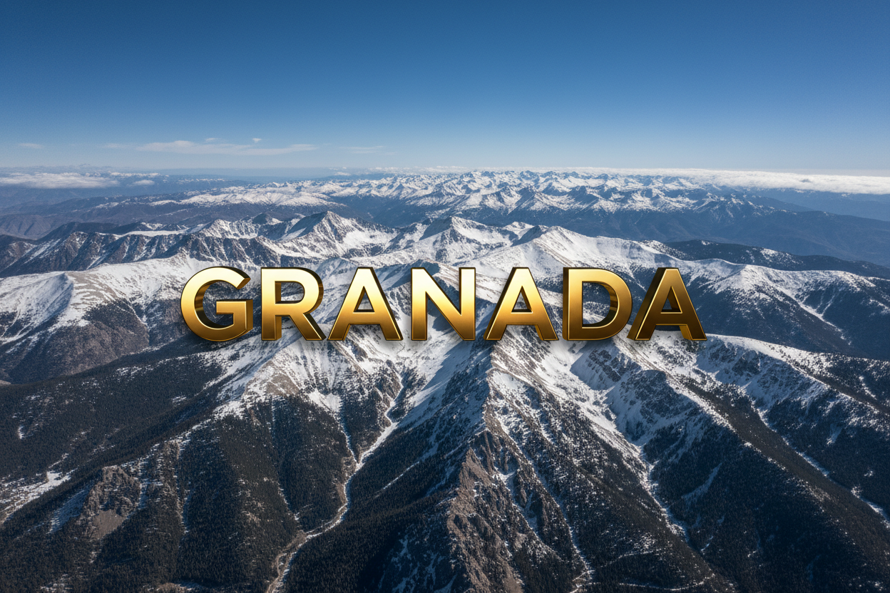 genera una imagen a vista de dron de las montañas de sierra nevada y pon la palabra granada en grande en el centro de color dorado metalizado