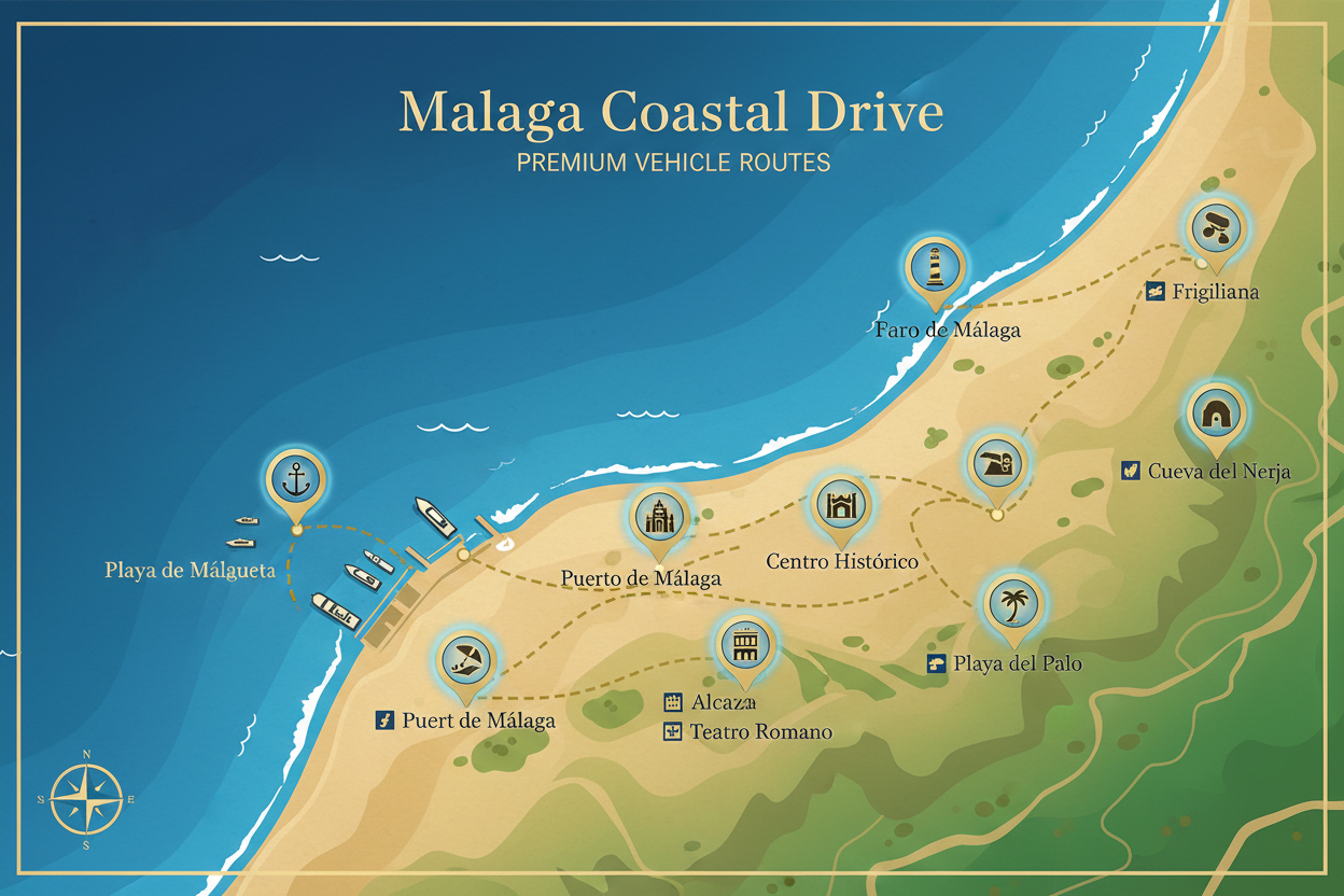 un dibujo de un mapa de la costa de malaga con una ruta marcando diferentes puntos turisticos