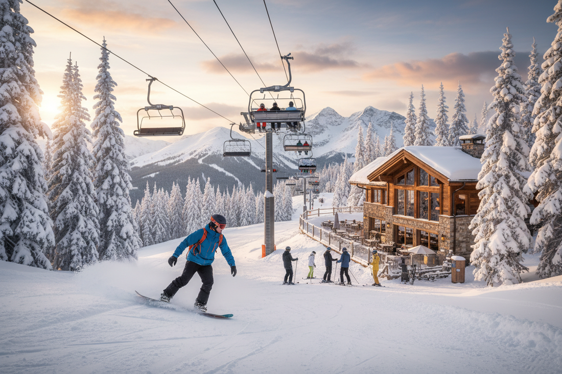 Grupo de amigos esquiando en Sierra Nevada con pistas de esquí, telesillas y paisaje nevado