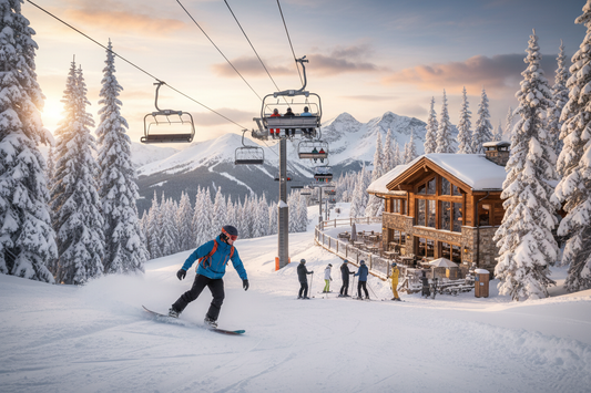 Grupo de amigos esquiando en Sierra Nevada con pistas de esquí, telesillas y paisaje nevado
