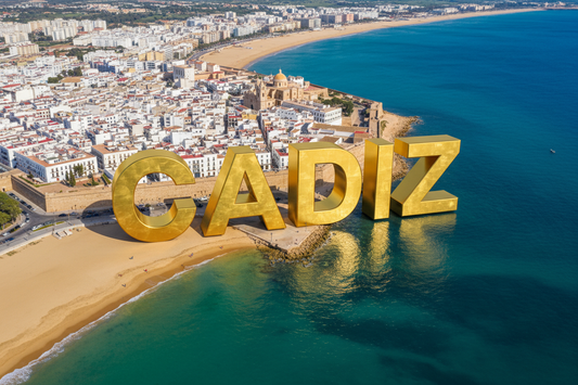 crea una imagen a vista de dron de la costa de cadiz españa y pon en el centro la palabra cadiz en grande y dorado metalizado