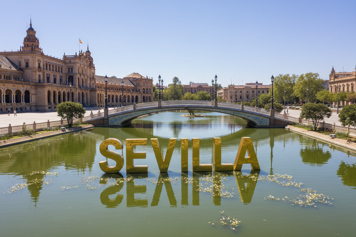 las letras de sevilla en el centro de la imagen y mas metalizado el color dorado y quita flores que se vean menos flores