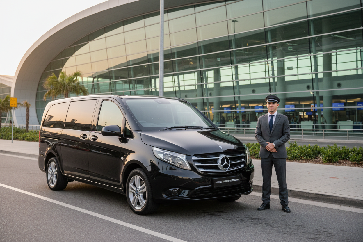 un mercedes vito parado delante de un aeropuerto y el conductor de pie al lado